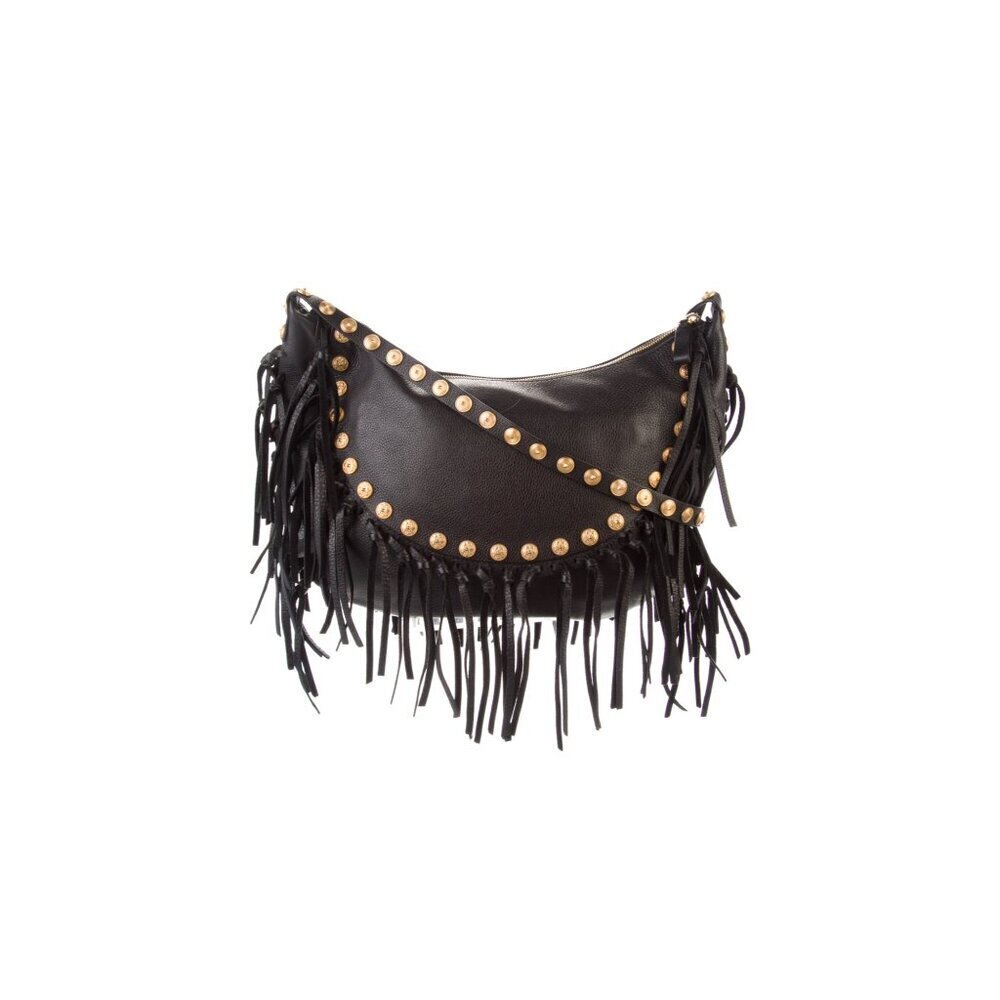 Valentino C-Rockee Fringe Hobo Black Leather Shoulder Bag With Gold Studs - Picture 4 of 9